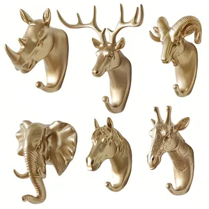 Crochet Mural Créatif Européen Tête d'Animal en Plastique Doré Support Décoratif pour Clés Chapeaux Manteaux Rhino Éléphant Cerf Décoration Maison