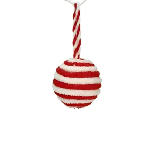 Red and white striped plush Christmas ball ornament 8cm for festive holiday tree decoration