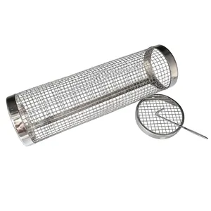 Rolling stainless steel BBQ grill basket for outdoor camping cooking