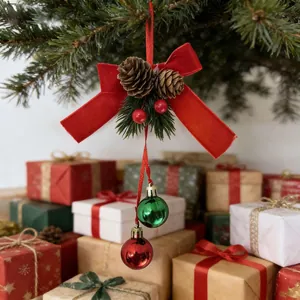 Christmas tree ornament with red velvet bow pinecones and decorative balls detail view