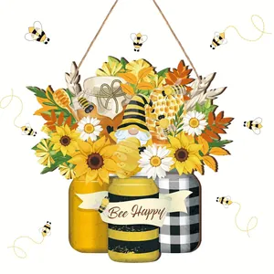 Detailed view of pastoral wooden door sign with Bee Happy slogan and sunflowers