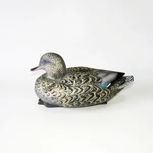 Detailed side view of a realistic plastic mallard duck for garden pond landscaping