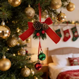 Detailed close-up of a Christmas velvet bow ornament with pine cones and festive balls