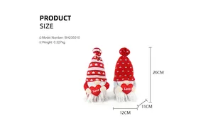 Detail view showing dimensions of two Valentine's Day gnome plush dolls holding hearts.