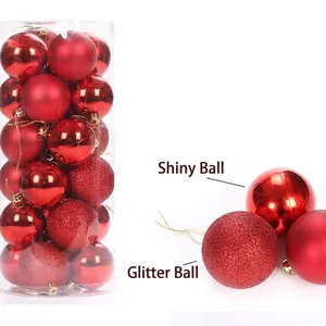 Premium set of 24 red Christmas baubles featuring shiny matte and glitter finishes