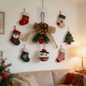Festive Christmas bell ornament with pine cone and burlap bow for home decoration.