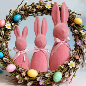 Easter Pink Flocked Bunny Ornament Artificial Plastic Rabbit Desktop Decoration With Silk Ribbon Bow For Festival Home Party Office Decor