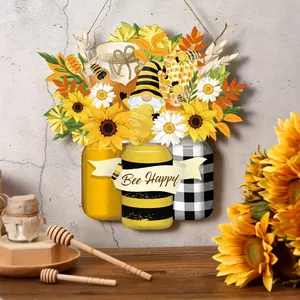 Detailed macro view of a rustic Bee Happy wooden door sign featuring sunflower and gnome