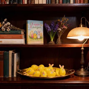 Cute yellow rabbit Easter egg shells used as candy containers on a tray