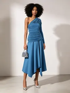 French Style One-Shoulder Ruched Waist Maxi Dress Women Irregular Large Hem Long Sleeve Polyester Cotton Solid Color Dress
