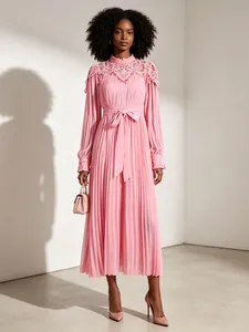 Vintage Stand Collar Lace Pleated Midi Dress Elegant Long Sleeve Solid Color Waist Tie Polyester Cotton Women Dress