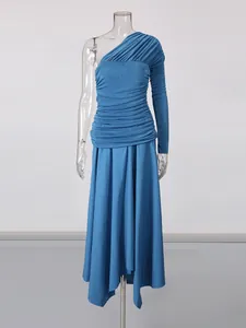 Elegant deep sea blue one-shoulder ruched maxi dress with a stylish asymmetrical hem