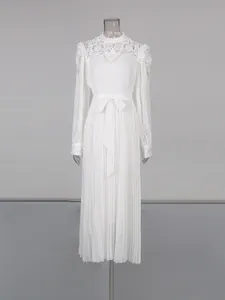 Elegant white vintage high neck pleated midi dress with lace details and bow-tie waist