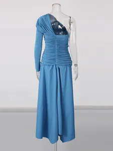 Elegant deep sea blue one-shoulder ruched maxi dress with an irregular flowing hemline