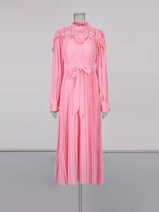 Elegant pink vintage stand collar pleated midi dress with lace detailing and tie-waist