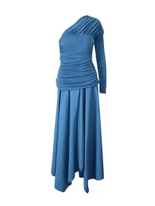 Elegant deep sea blue one-shoulder pleated long dress with irregular hemline