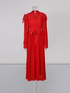 Elegant red pleated mid-length dress with retro stand-up collar and lace details