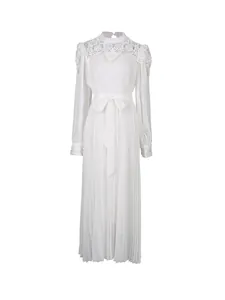 Elegant white vintage high neck pleated midi dress with tie waist and lace details