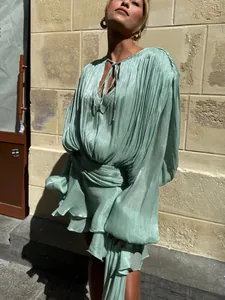 Women Sexy Lazy Style Tie-Up Bow Pleated Ruffle Mini Dress Long Sleeve Lantern Sleeve Solid Color Elegant Party Dress