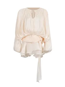 Elegant off-white loose long sleeve mini dress with ruffled hem and waist tie