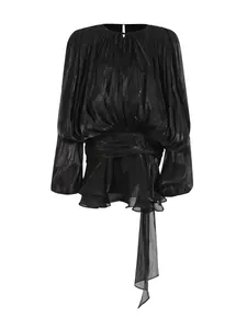 Elegant black pleated long sleeve mini dress featuring an adjustable waist tie sash