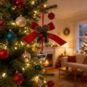 Detailed macro view of a silver Christmas bell ornament with red velvet bow and pine cones