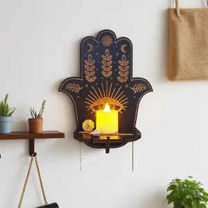 Étagère murale décorative en bois Main de Hamsa avec motifs célestes pour bougies