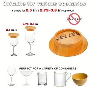 Detailed size guide for bamboo cup lids fitting various glassware and containers