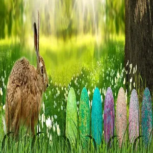 Vibrant detailed scene of an Easter rabbit standing near colorful patterned eggs in grass