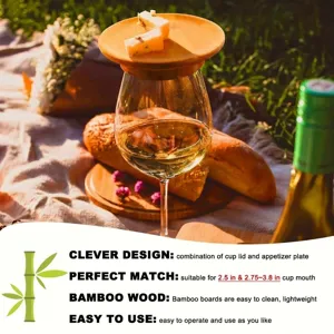 Detailed view of bamboo wine glass topper used as an appetizer plate in picnic scene