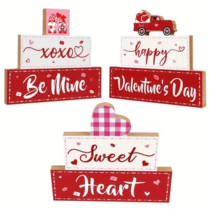 Valentine's Day Tiered Wooden Desktop Ornament Gnome Heart Truck Pattern Happy Valentine Day Sign Table Decor Holiday Home Decoration