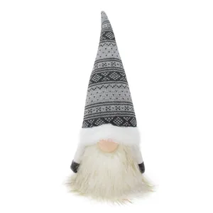 Detail showing soft white faux fur beard and grey knitted hat of a Christmas gnome