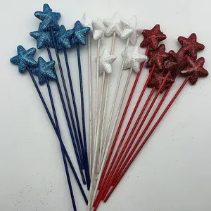 Detailed view of red white and blue glitter star picks for Independence Day decor