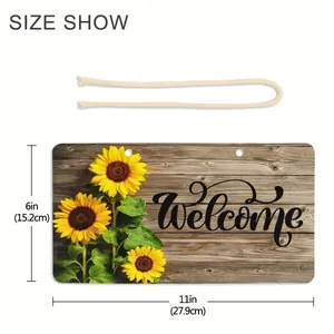 Rustic wooden welcome door sign with sunflower print and twine, 11x6 inches size