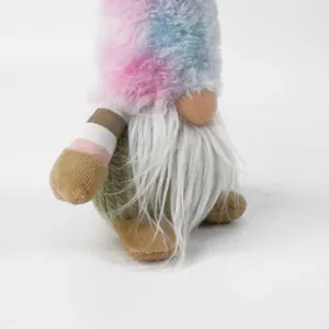 Detailed side view of a plush gnome with a long white beard and a colorful fuzzy hat