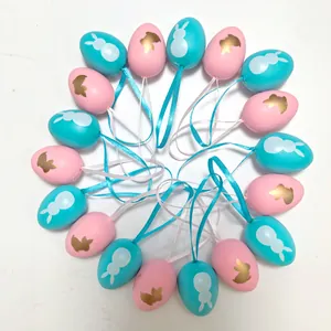 Huevos Pintados de Pascua de Plástico Con Patrón de Conejo y Cuerda para Colgar para Decoración de Fiesta Hogar Colores Azul Rosa