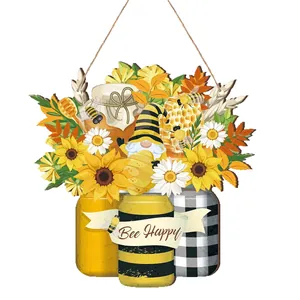 Decorative rustic wooden outdoor door sign with sunflowers bee gnome and Bee Happy motif