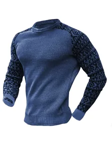 Detailansicht des blauen Waffelstrick-Langarm-T-Shirts für Herren mit Mustern