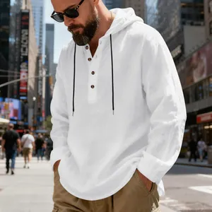 Lockeres weißes Leinen-Henley-Shirt mit Kapuze für Herren im lässigen City-Street-Look