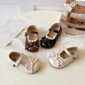 Scarpe Mary Jane da Principessa per Bambine in Pelle Sintetica con Fiocco e Pizzo Suola Morbida per Matrimoni e Feste