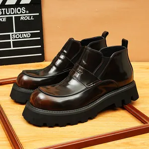 Botines Chelsea para Hombre de Cuero de Vaca Auténtico Estilo Retro Británico Suela Gruesa Elevadora Botas de Cuero de Invierno