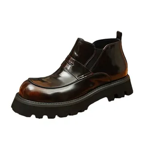 Botines retro de cuero auténtico para hombre con suela de plataforma marrón oscuro