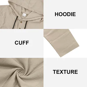 Detailaufnahmen eines Herren-Leinen-Kapuzenpullovers mit Kapuze, Manschette und Textur