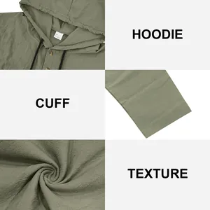 Detailansicht des Leinen-Hoodies mit Kapuze, Ärmelbündchen und atmungsaktiver Stoffstruktur