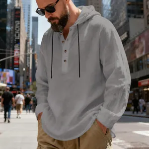 Lässiges Leinenhemd mit Kapuze für Herren, Langarm und Henley-Ausschnitt für Streetstyle