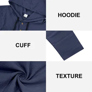 Detailansichten des blauen Leinen-Hoodies mit Kapuze, Manschette und Textur