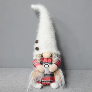 Muñeco de Peluche de Gnomo de Café Hecho a Mano Tomte Sueco Con Taza de Café y Ropa de Cuadros para Decoración Hogar Bar Café Regalo