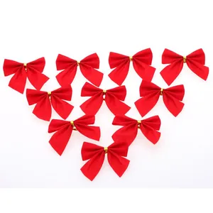 Set of 10 red Christmas tree bows with gold ties for festive holiday decoration