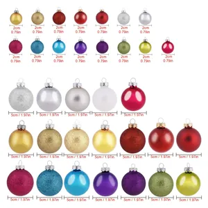 Set of 24 mixed color glass Christmas ball ornaments in 2cm and 5cm sizes for tree decor.