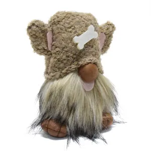 Detailed view of a cute plush dog-themed gnome doll featuring a white bone ornament